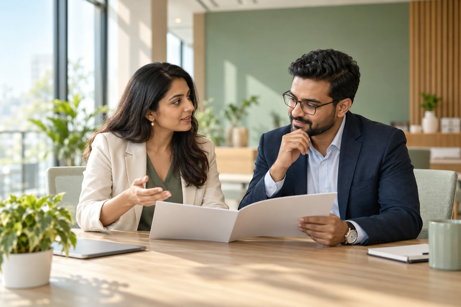 Illustrative healthcare business professionals reviewing a catalogue